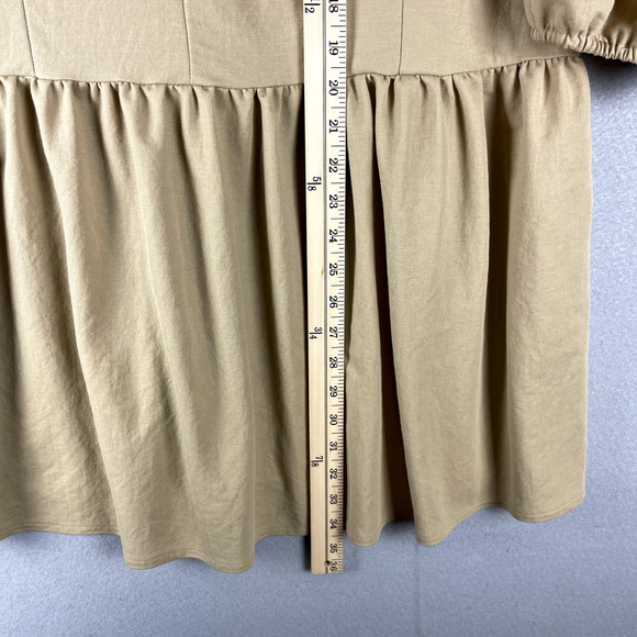 Mango Smock Mini Dress Women Large Tan V Neck Boho Relaxed Peasant Cottagagecore - Picture 9 of 14